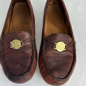 Lauren Ralph Lauren Brown Leather Loafers with Gold Emblem Accent Size 10 B